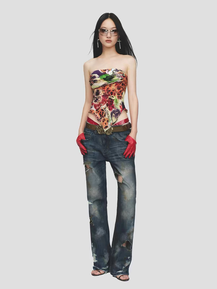 Print Ruched Scarf Bandeau Top