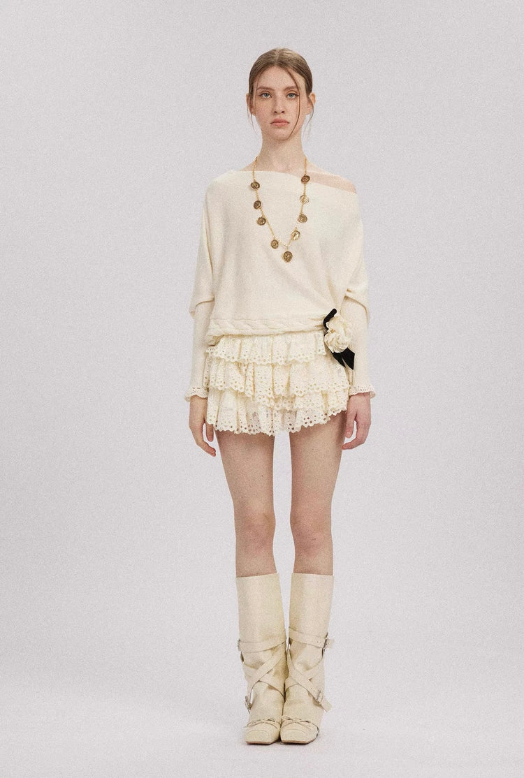Off-Shoulder Lace-Trim Batwing Sleeve Top