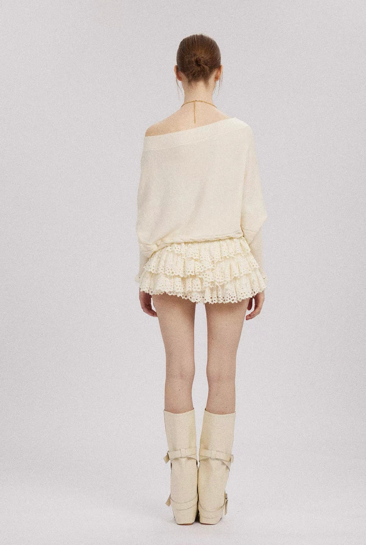 Off-Shoulder Lace-Trim Batwing Sleeve Top