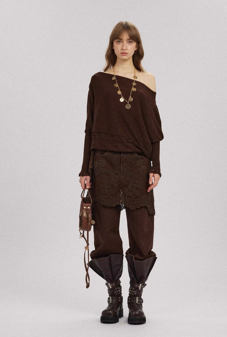 Off-Shoulder Lace-Trim Batwing Sleeve Top