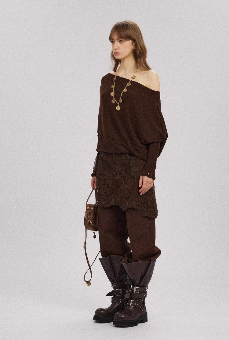 Off-Shoulder Lace-Trim Batwing Sleeve Top