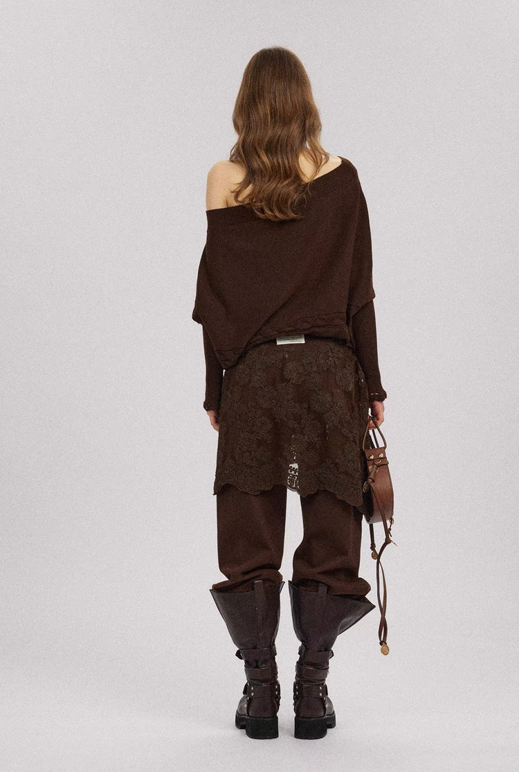 Off-Shoulder Lace-Trim Batwing Sleeve Top