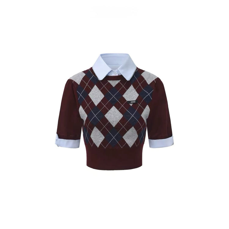 Diamond-Check Knit Shirt-Panel Short-Sleeve Top