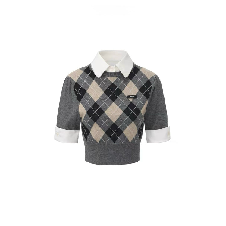 Diamond-Check Knit Shirt-Panel Short-Sleeve Top
