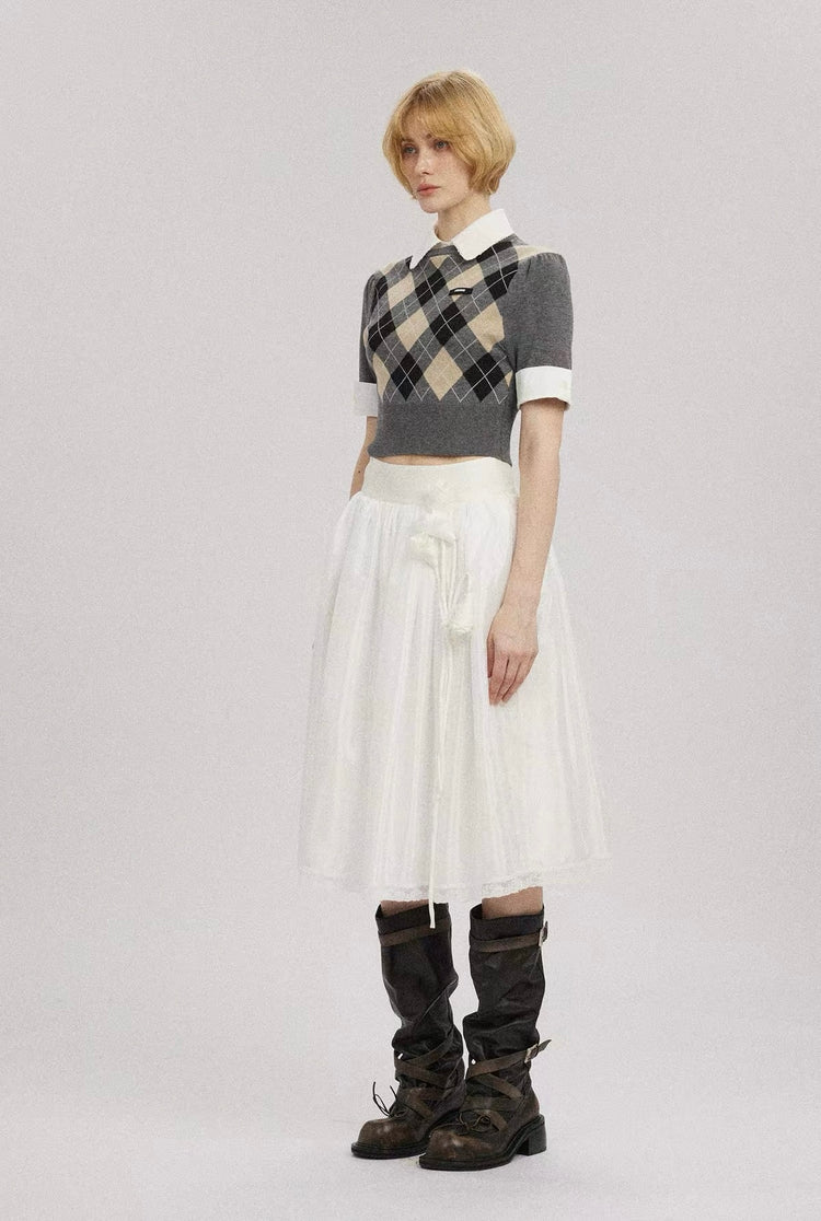 Diamond-Check Knit Shirt-Panel Short-Sleeve Top
