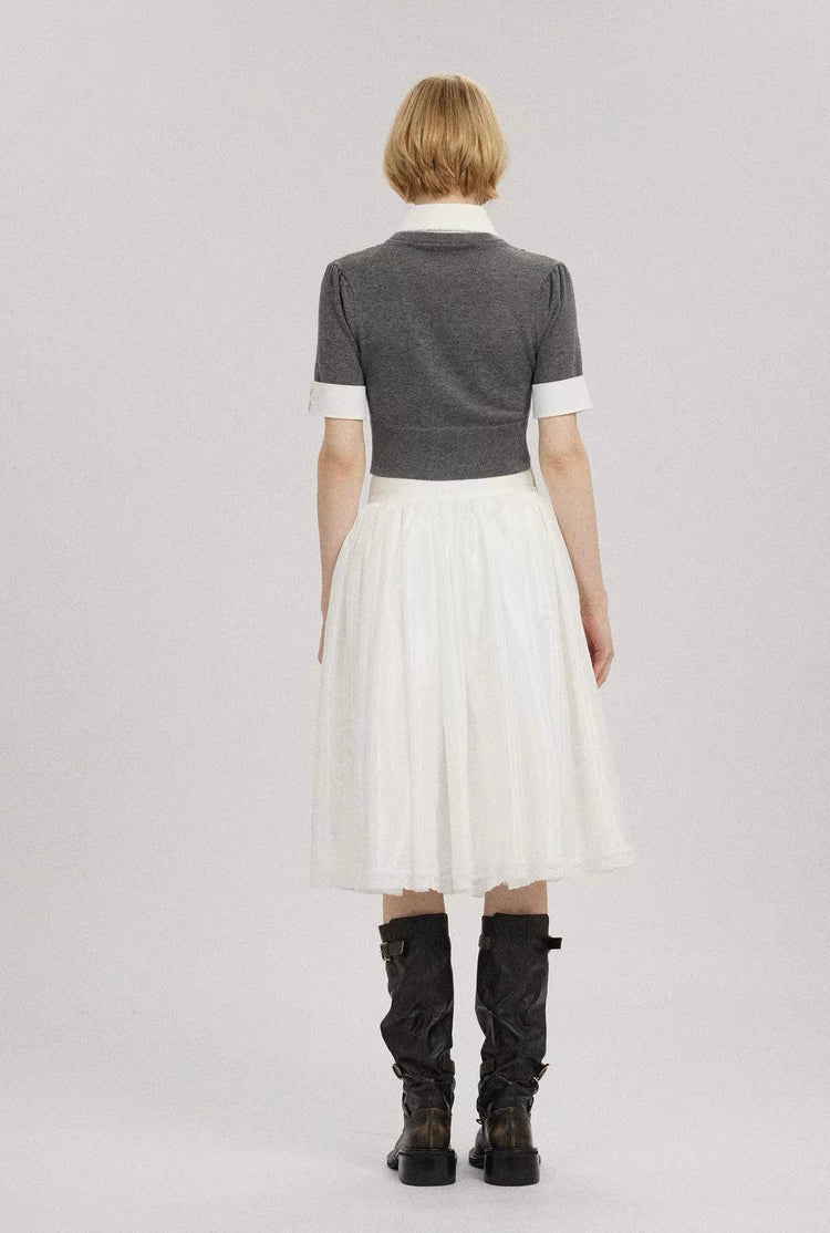 Diamond-Check Knit Shirt-Panel Short-Sleeve Top