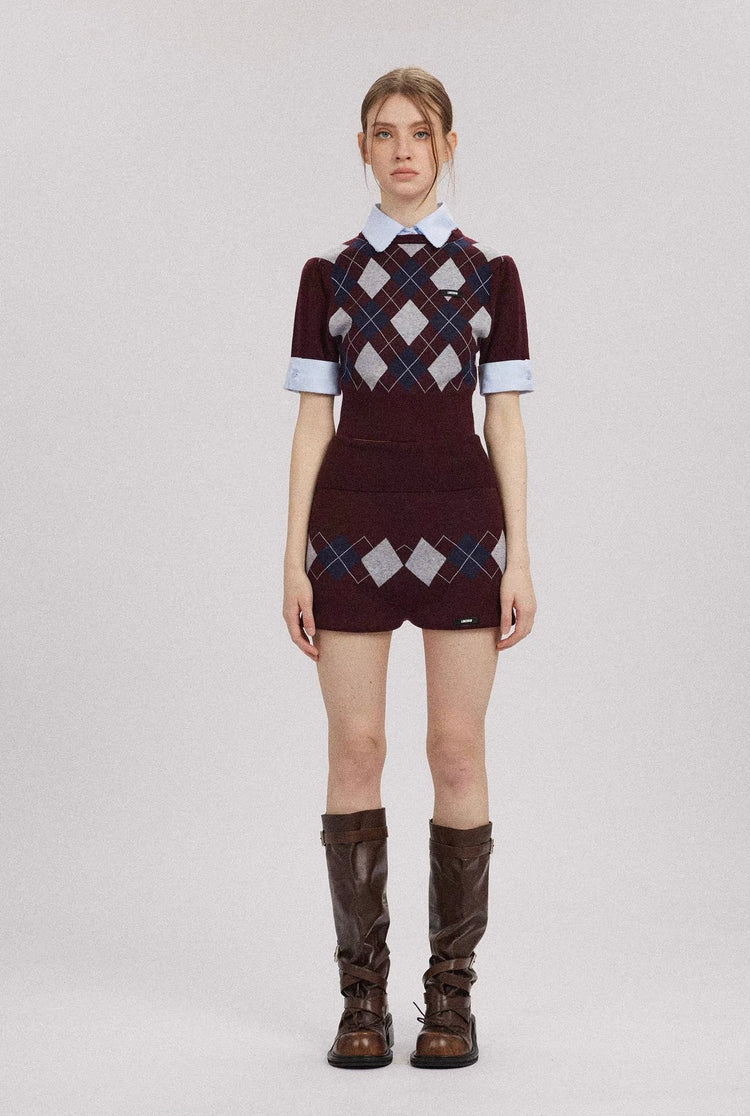 Diamond-Check Knit Shirt-Panel Short-Sleeve Top