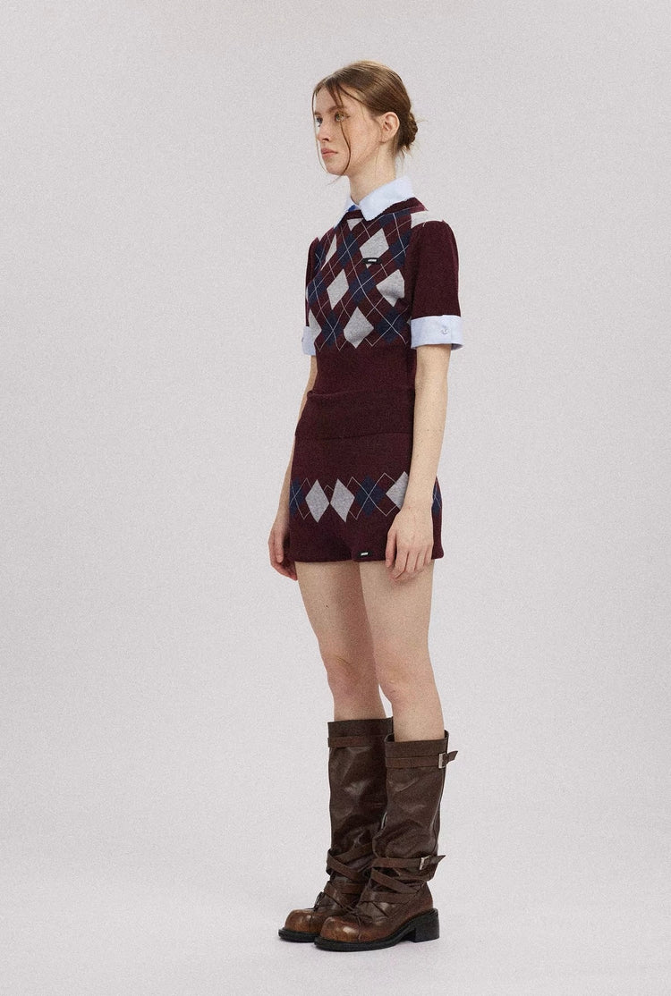 Diamond-Check Knit Shirt-Panel Short-Sleeve Top