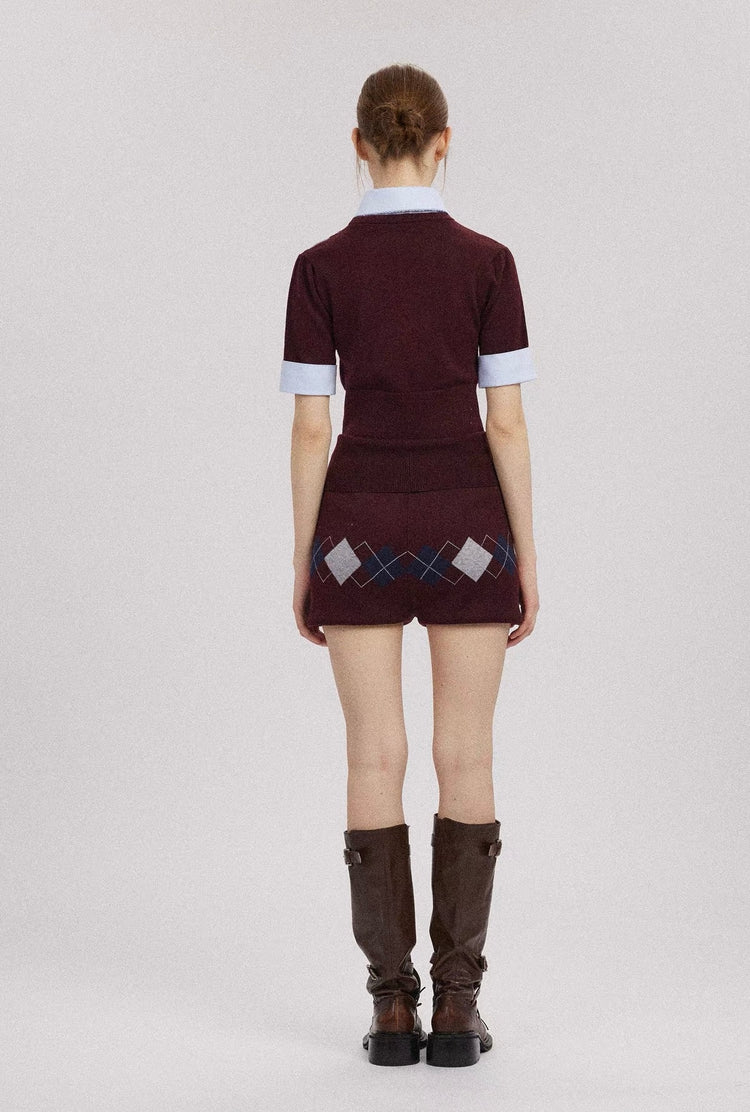 Diamond-Check Knit Shirt-Panel Short-Sleeve Top