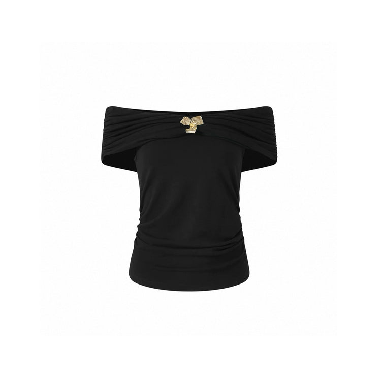 Gold Flower Off-Shoulder Short-Sleeve Tee