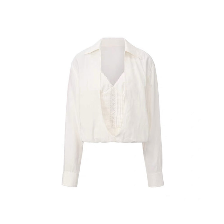 Jacquard Lace-Panel Faux-Layered Shirt