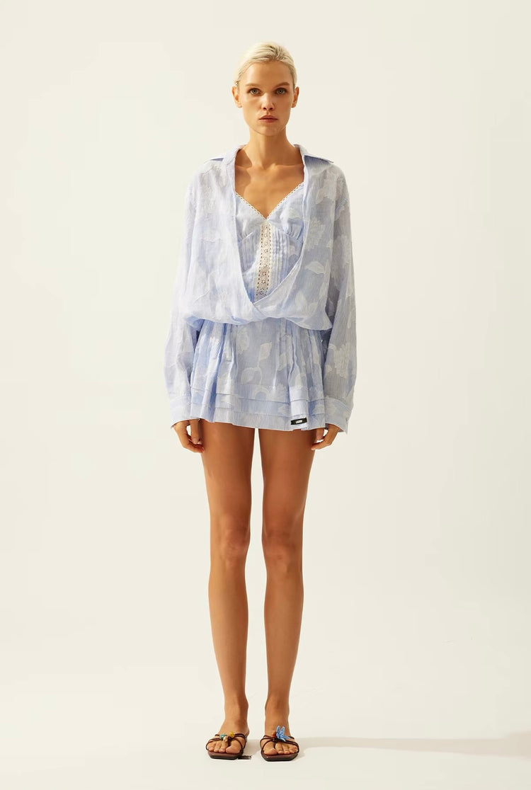 Jacquard Lace-Panel Faux-Layered Shirt