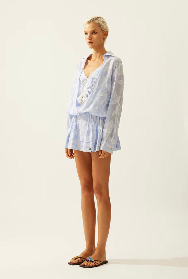 Jacquard Lace-Panel Faux-Layered Shirt