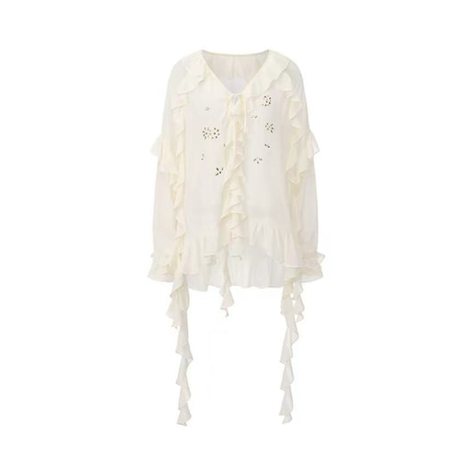 Flowy Rhinestone-Embellished Ruffle V-Neck Shirt