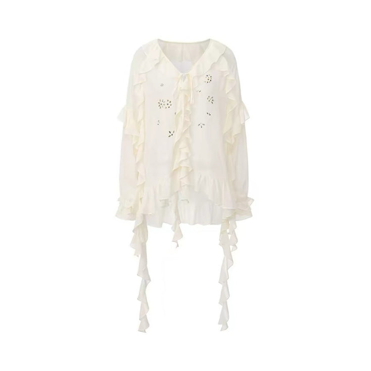 Flowy Rhinestone-Embellished Ruffle V-Neck Shirt
