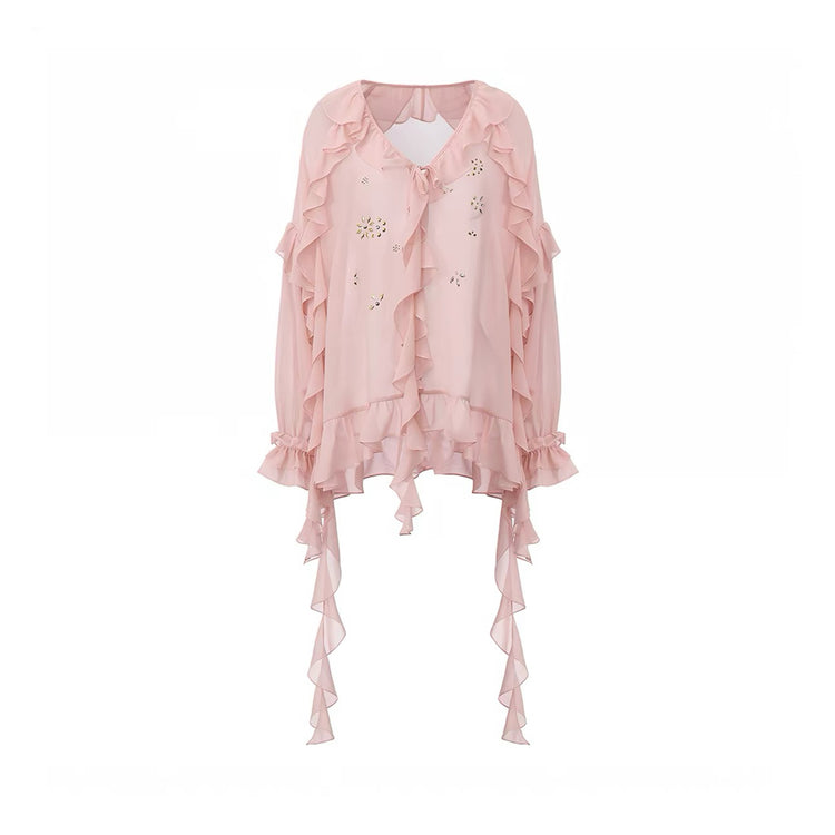 Flowy Rhinestone-Embellished Ruffle V-Neck Shirt