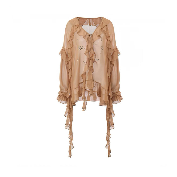 Flowy Rhinestone-Embellished Ruffle V-Neck Shirt