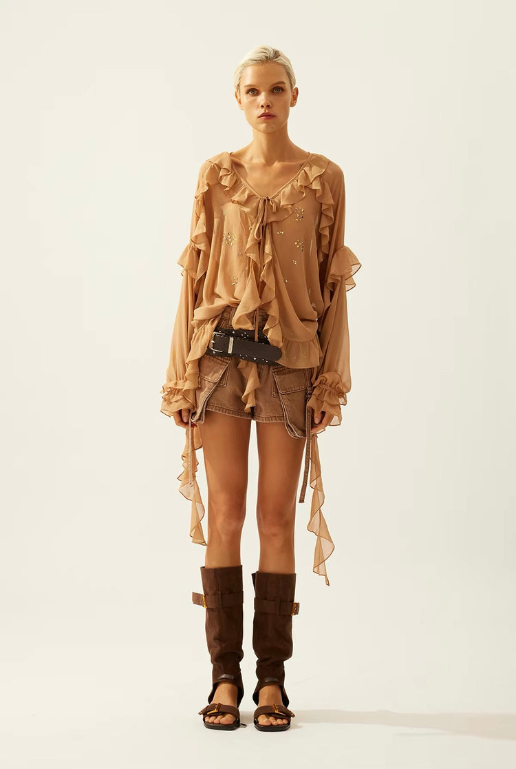 Flowy Rhinestone-Embellished Ruffle V-Neck Shirt