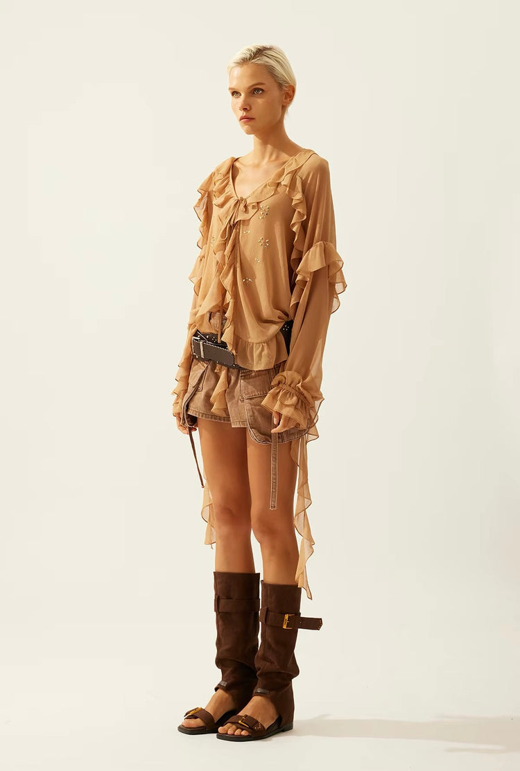 Flowy Rhinestone-Embellished Ruffle V-Neck Shirt