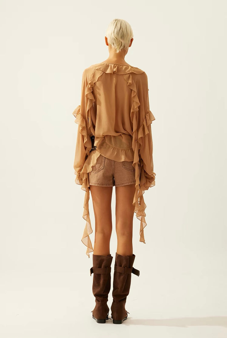 Flowy Rhinestone-Embellished Ruffle V-Neck Shirt