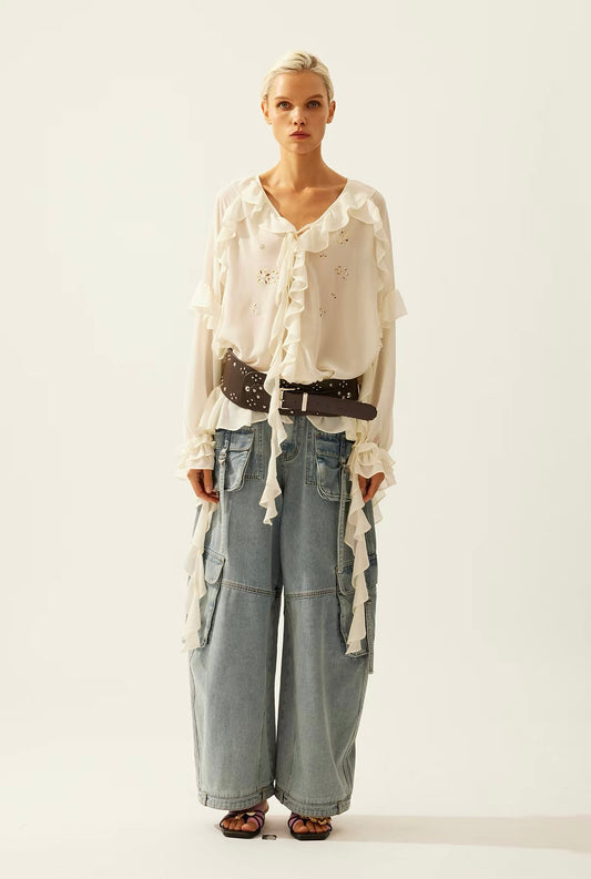 Flowy Rhinestone-Embellished Ruffle V-Neck Shirt