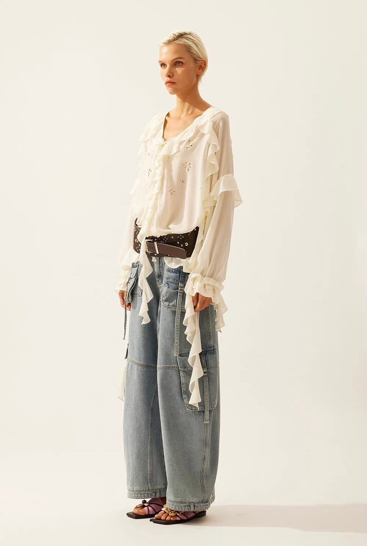 Flowy Rhinestone-Embellished Ruffle V-Neck Shirt
