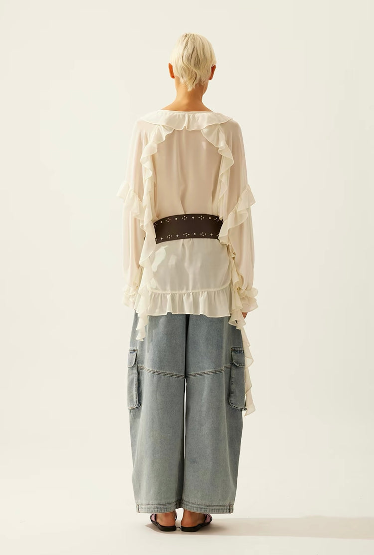Flowy Rhinestone-Embellished Ruffle V-Neck Shirt