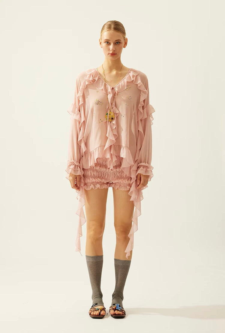 Flowy Rhinestone-Embellished Ruffle V-Neck Shirt