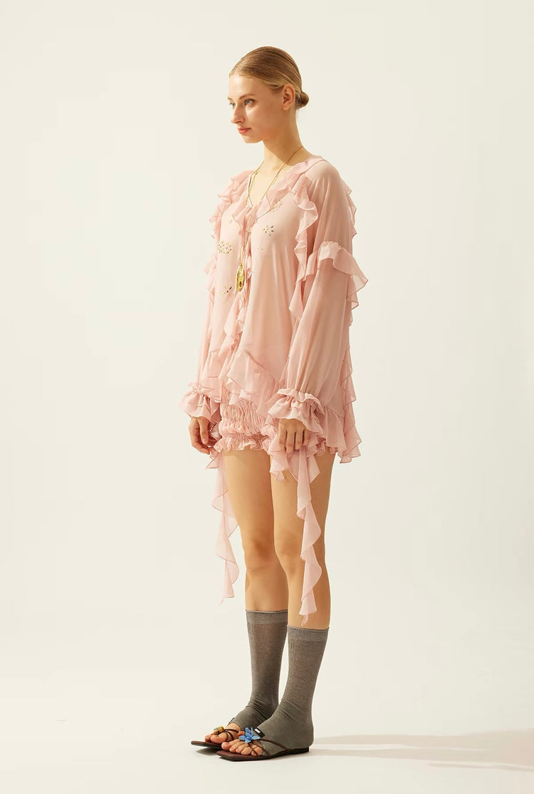 Flowy Rhinestone-Embellished Ruffle V-Neck Shirt