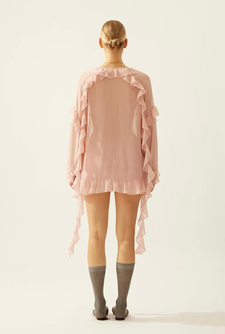 Flowy Rhinestone-Embellished Ruffle V-Neck Shirt