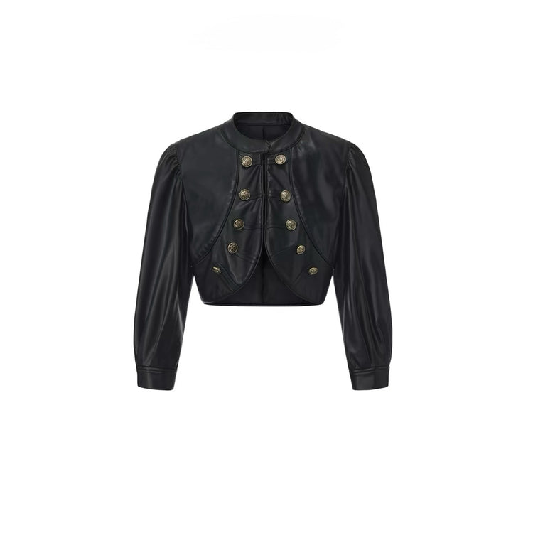Curved-Hem Napoleon Leather Jacket