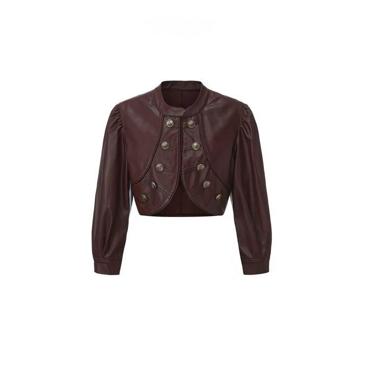 Curved-Hem Napoleon Leather Jacket