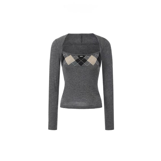 Faux-Layered Diamond Square-Neck Knit Top