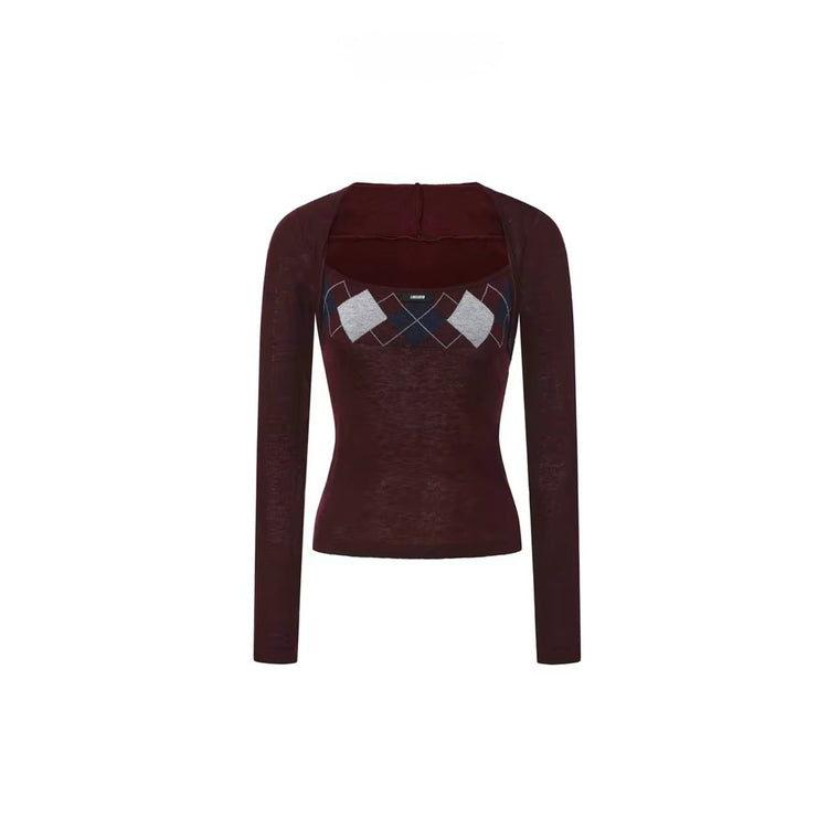 Faux-Layered Diamond Square-Neck Knit Top