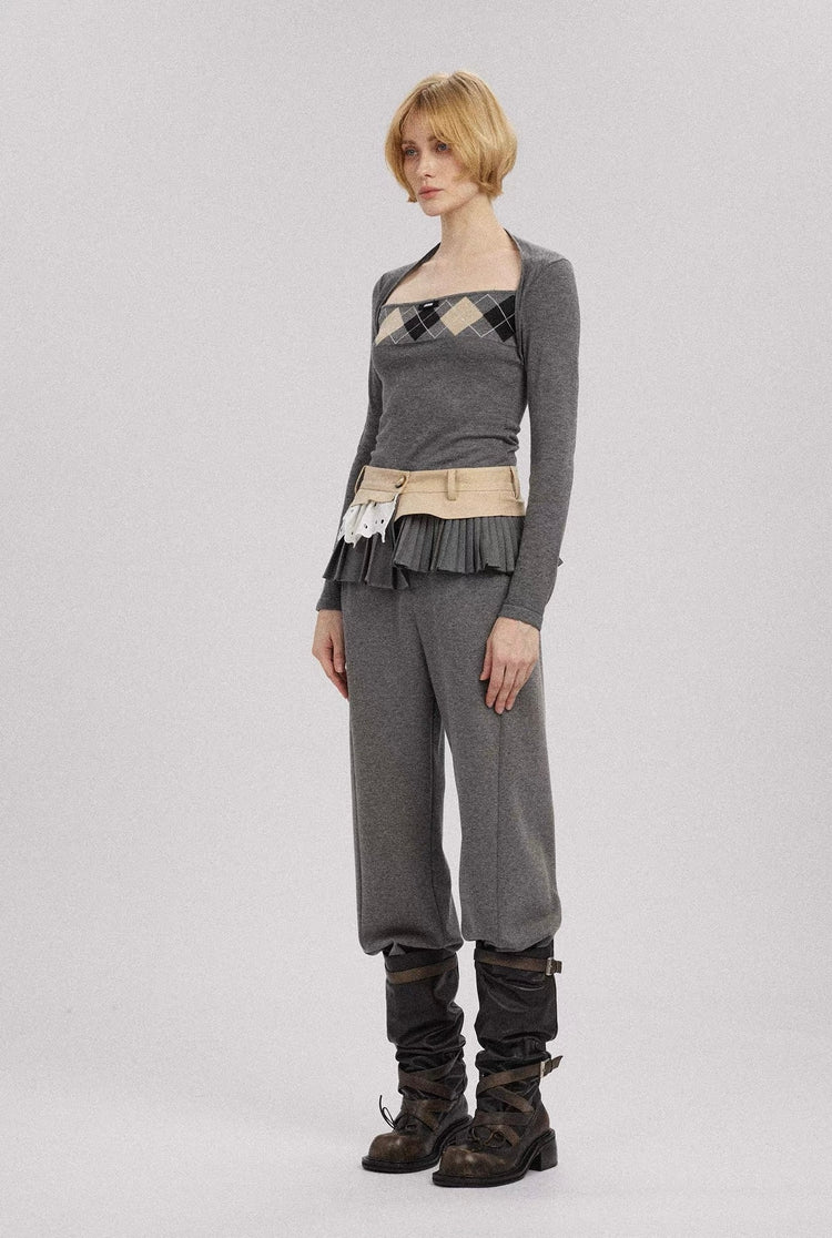 Faux-Layered Diamond Square-Neck Knit Top
