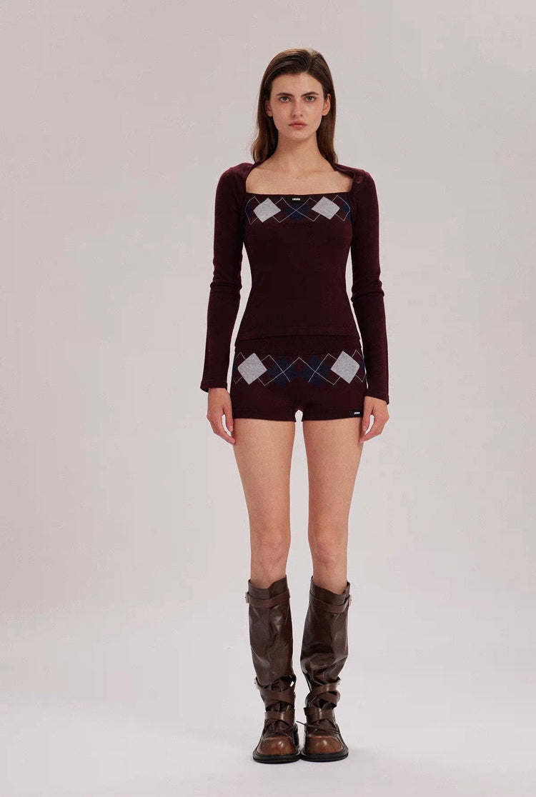Faux-Layered Diamond Square-Neck Knit Top