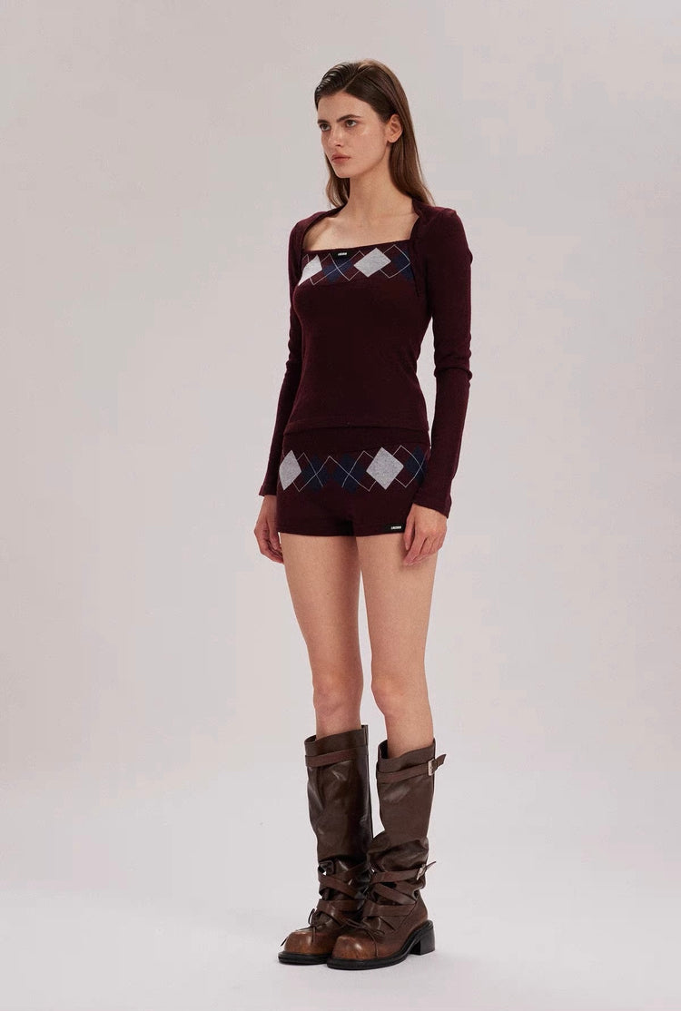 Faux-Layered Diamond Square-Neck Knit Top