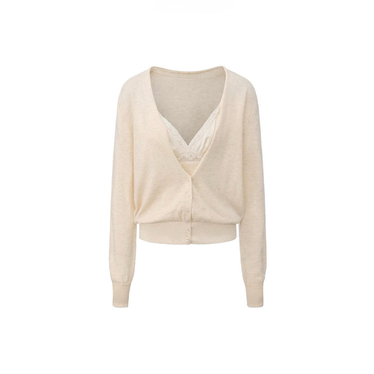 Satin V-Neck Faux-Layered Knit Sweater