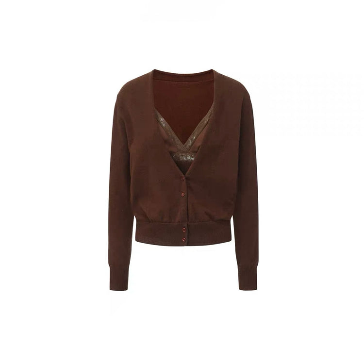 Satin V-Neck Faux-Layered Knit Sweater