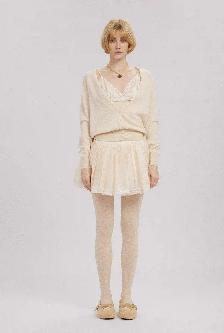 Satin V-Neck Faux-Layered Knit Sweater