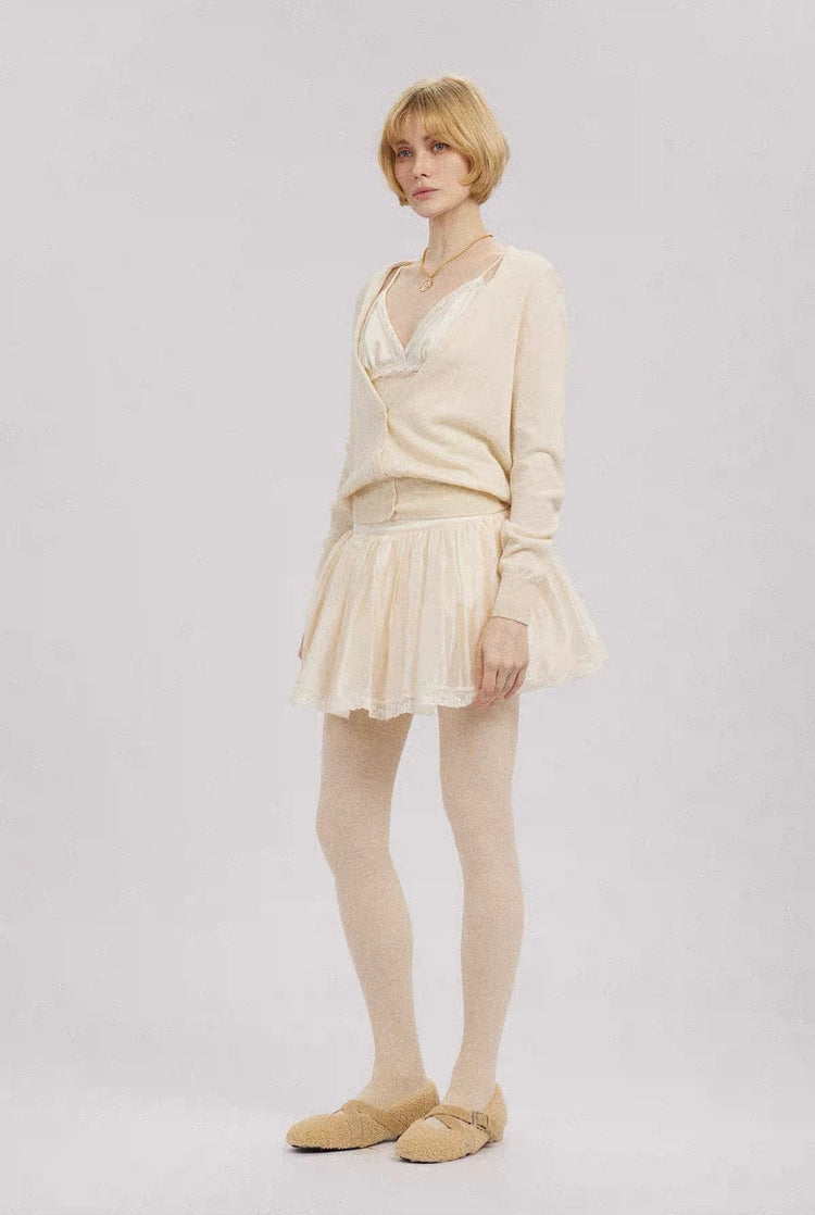 Satin V-Neck Faux-Layered Knit Sweater