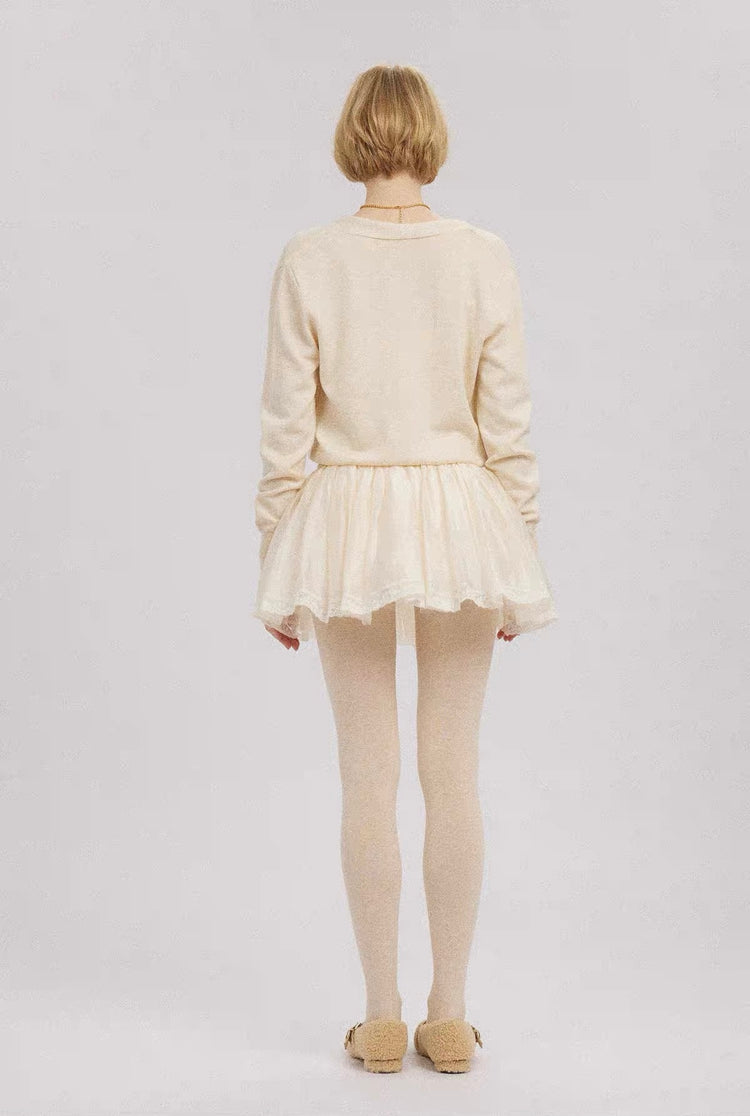 Satin V-Neck Faux-Layered Knit Sweater