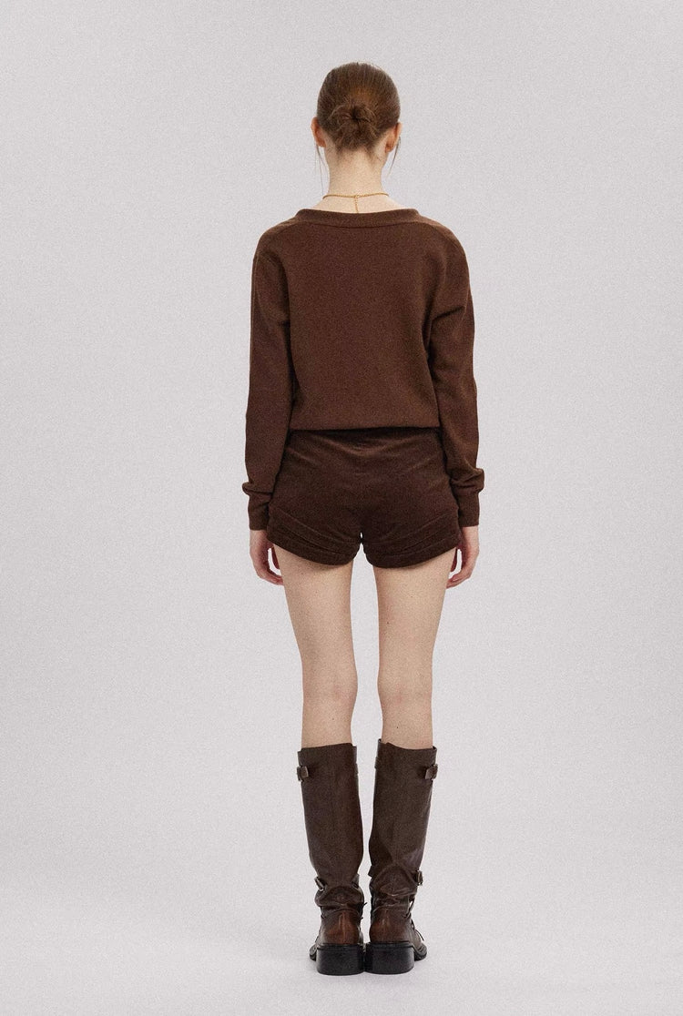 Satin V-Neck Faux-Layered Knit Sweater