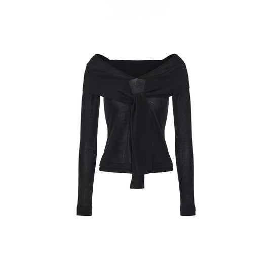 Off-Shoulder Lace-Up Fitted Knit Top