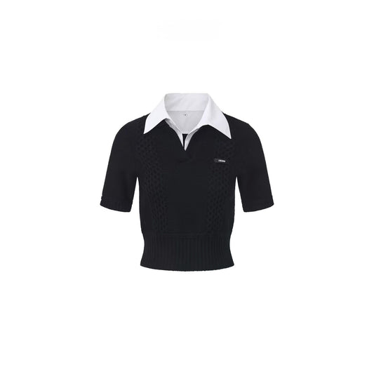 White Shirt-Collar Statement Knit Top