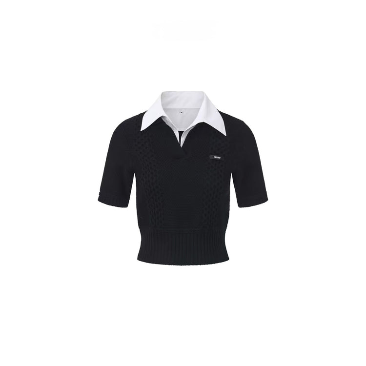 White Shirt-Collar Statement Knit Top