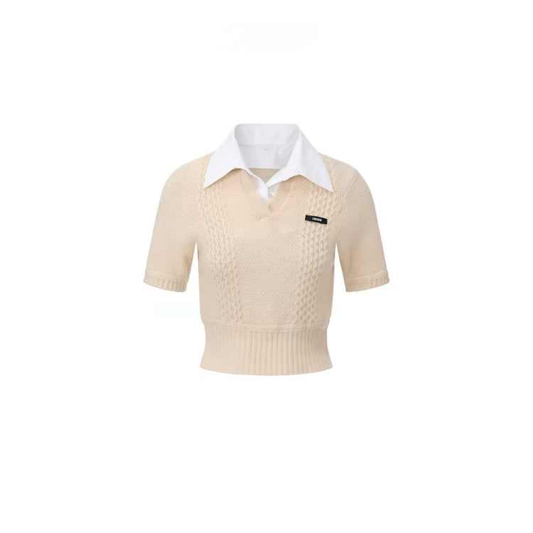 White Shirt-Collar Statement Knit Top