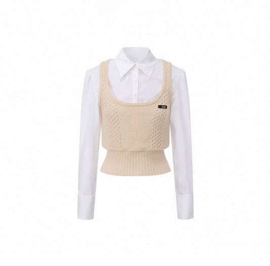 Faux-Layered Knit Vest Shirt