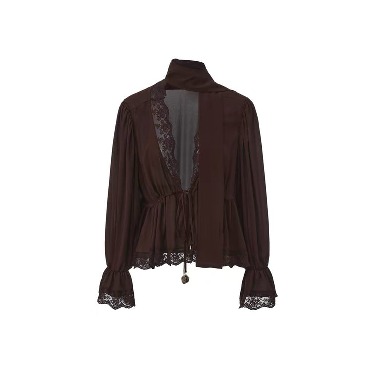 V-Neck Lace-Trimmed Metal Pendant Top