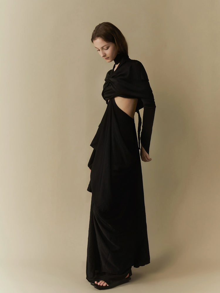 Black Pleated Seam Dress Long